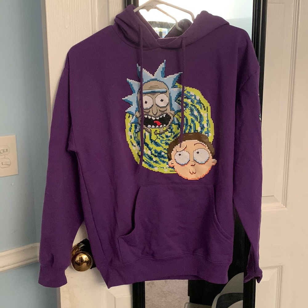 Purple Rick and morty hoodie with video game like design size small